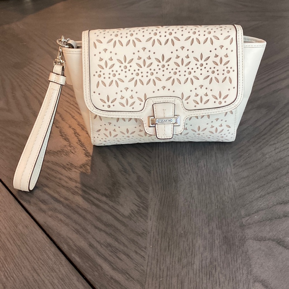 Coach leather punched clutch purse with wrist strap